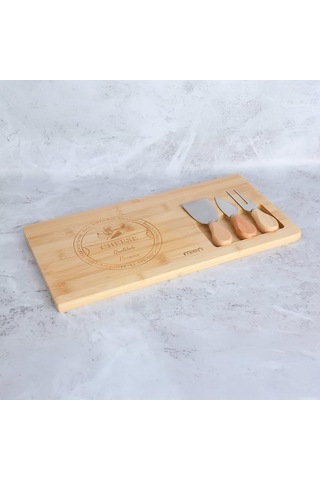 Bambu Peynir Sunum Tahtası Ve 3'lü Paslanmaz Çelik Bıçak Seti Şık Servis & Sunum 37x18x1,5cm Çok Renkli