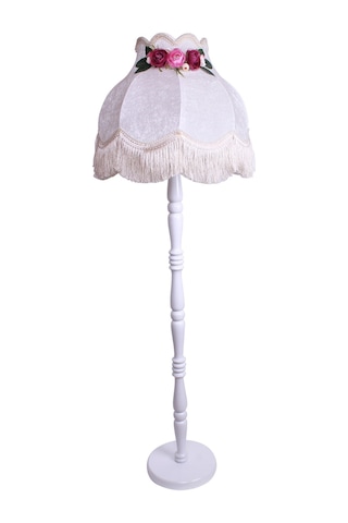 Beyaz Kadife Çiçek Dekorlu Başlık Ahşap Doğal Beyaz Ayaklı Klasik Model Lambader 175x40cm