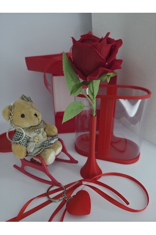 Sevgiliye Hediye Ayıcık Kutusu 15x15x10 Cm Karton Hediye Kutulu Gül Ve Vazo Anahtarlık Hediye Set