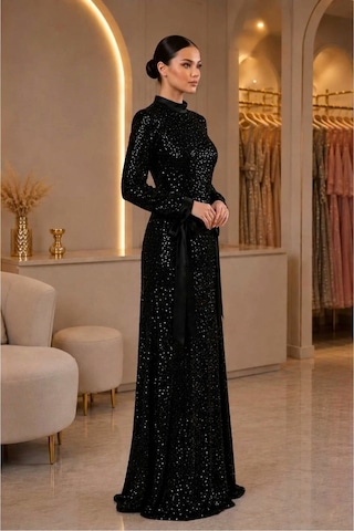 Dorne Moda Payetli Kemer Detaylı Uzun Kollu Balık Model Abiye Elbise Siyah Siyah