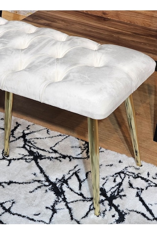 Zafir Gold Metal Krem Oturaklı Sivriltme Ayaklı Babyface Puf & Bench & Oturak Krem