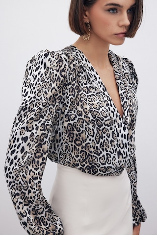 Sateen Leopar Desenli Bodysuit - Siyah-135268 Siyah