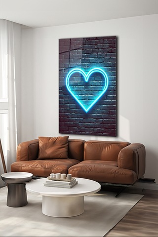 Neon Stil Mavi Kalp Dikey Cam Tablo