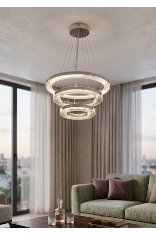 Kristal 3 Lü Halka Krom Avize 3 Renkli Kumandalı Modern Salon, Yemek Masası, Mutfak, Antre Çocuk Odası Aydınlatma Gümüş