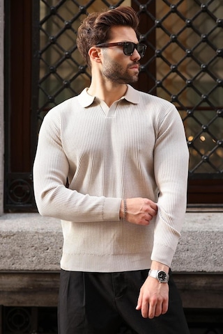 Madmext Taş Rengi Polo Yaka Dokulu Erkek Triko Kazak E7511 Taş/beyaz