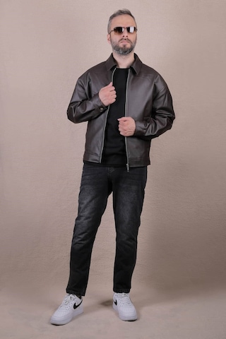 Ohepmoda Oversize Rahat Kalıp Düz Erkek Deri Ceket Kahverengi
