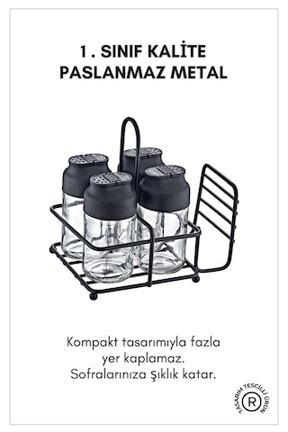Perla Metal Standlı Peçetelikli 4'lü Çift Kapaklı Cam Baharatlık
