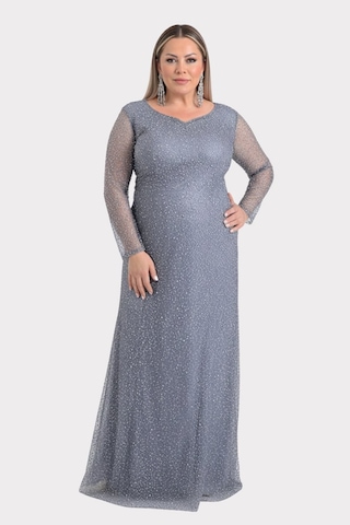 Lilas Xxl Kadın Büyük Beden Kalp Yaka Uzun Kollu Abiye Elbise 9471 Gri Gri