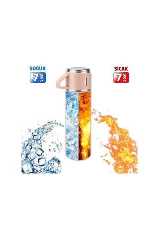 6006 Kupa Bardaklı Paslanmaz Çelik Termos Seti 500 Ml - Pembe Çok Renkli