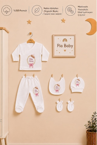 Pia Baby Kız Bebek İsimli Hastane Çıkışı Seti 5'li Zıbın Takımı Penye Bebek Battaniyesi Ve Ham Bez Kıyafet Kesesi 1111bzkyx Ekru