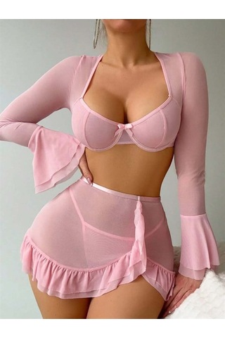 Lisinya Closet Özel Tasarım Pembe Bolerolu Sütyen Etekli Takım Pembe