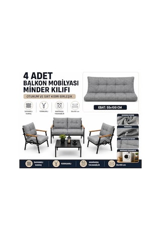 Doruk Home Doruk Bahçe Mobilyası Minderi 55x110cm 4 Adet Balkon Mobilyası Minder Kılıfı Gri