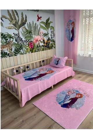 Pembe Elsa Anna Çizim Çocuk Odası Yatak Örtüsü Yastık Kılıfı