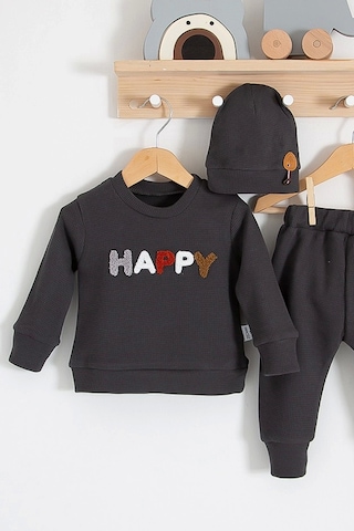 Babydonat Happy Nakışlı 2'li Pamuklu Erkek Bebek Takım Siyah