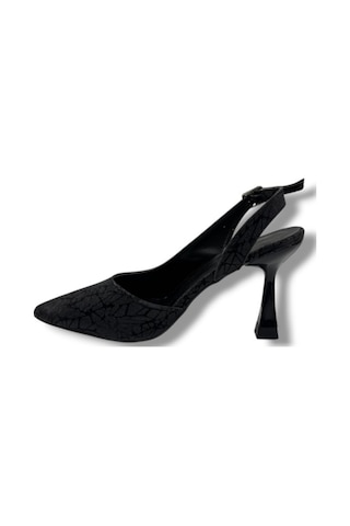 Mengi 685-26 Parlak Simli Saten İnce Topuk Arkası Açık Kadın Stiletto 9cm Siyah