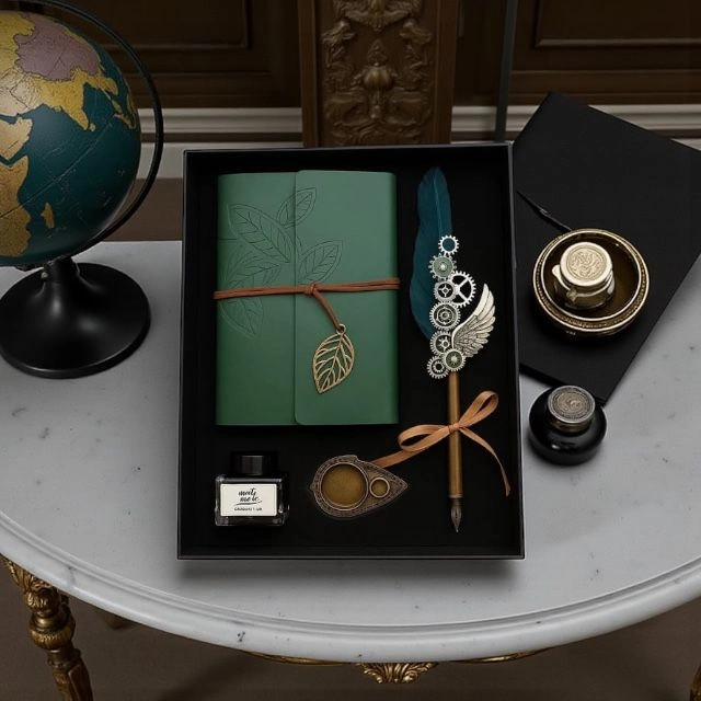 İsme Özel Yeşil Renk Divit Hokka Defter Ve Tüylü Kalem Seti Yeşil
