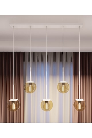 Dora Beyaz Metal Gövdeli 5'li Bal Rengi Cam Avize