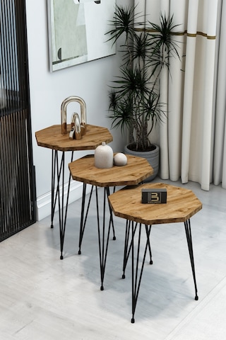 3'lü Sekizgen Zigon Sehpa Seti - Siyah Metal Ayaklı, Modern & Şık Yan Sehpa, Dayanıklı Salon Ofis Atlantik Çam