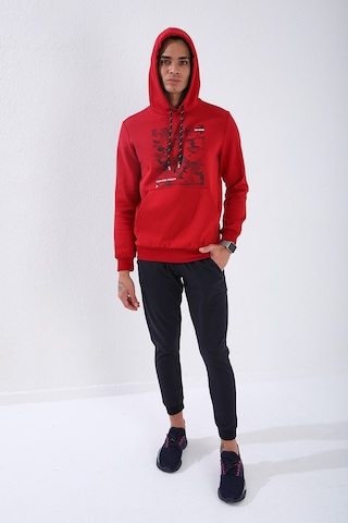 Tommy Life Kırmızı Kamuflaj Desen Baskılı Standart Kalıp Kapüşonlu Erkek Sweatshirt - 87884 Kırmızı