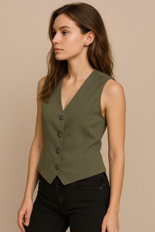 Kadın Keten Yelek Düğmeli, Astarsız, V Yaka Yazlık Şık Yelek Doğal Kumaş Rahat Kalıp Çok Renkli