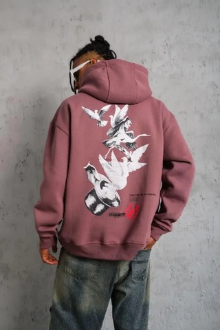 Veraura Lifestyle Erkek Şapkalı Güvercin Baskılı Kapşonlu Sweat - Gül Kurusu S Gülkurusu