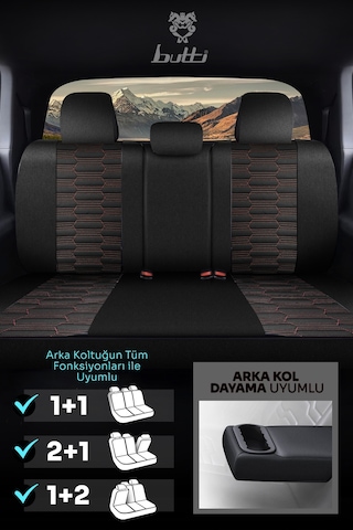 Siyah - Kırmızı Butti Libro Serisi Keten Kumaş Premium Oto Koltuk Kılıfı Destekli, Ön Arka Tam Set