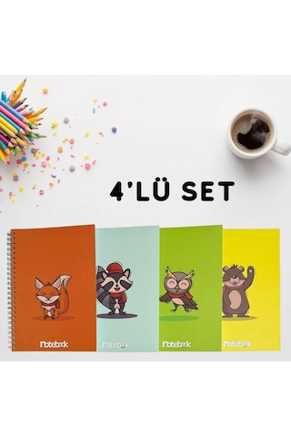A5 Spiralli Sevimli Hayvanlar Konsept Defter 40 Yaprak 4'lü Tamamı Çizgisiz