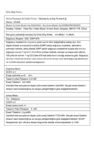 Sigma Comfort DHK SGM24INVDHK 24.000 Btu/h A++ R32 Inverter Klima