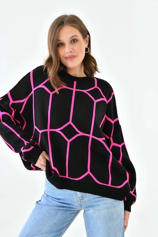 Park Karon Kadın Bisiklet Yaka Desenli Oversize Triko Kazak 224403 Siyah