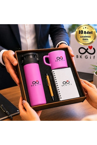 Logonuza Özel 10 Adet Ahşap Kutulu Pembe Kurumsal Hediye Seti Cam Suluk, Seramik Fincan, Defter Ve Kalemli Promosyon Seti