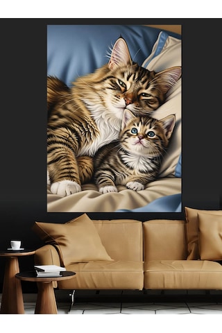 Ahşap Tablo Uyuyan Sevimli Kedi Dostlar