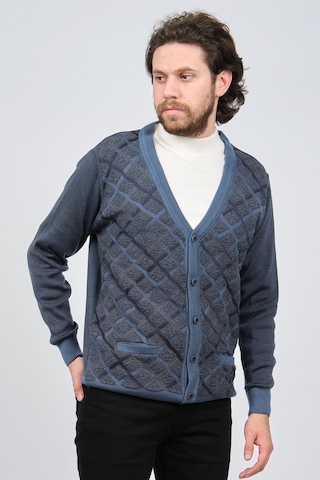 Çizgi Triko Erkek Cep Detaylı Desenli Hırka 42534235 Mavi-Mavi