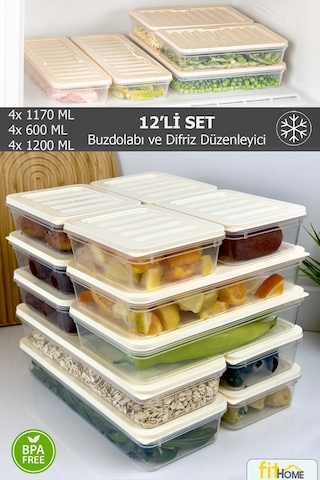 12 Adet Fitbox Saklama Kabı Buzdolabı Ve Buzluk Düzenleyici Hava Geçirmez Set Gri Kapak