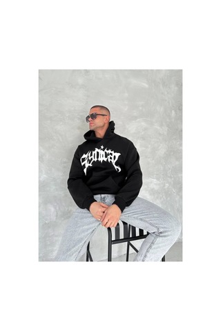 Butik İstanbul Unisex Üç İplik Kapşonlu Baskılı Sweatshirt - Siyah
