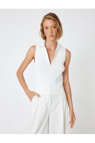 Koton Polo Yaka Kolsuz Triko Üst Yarım Fermuar Detaylı Fitilli Ekru 5wak30020ht