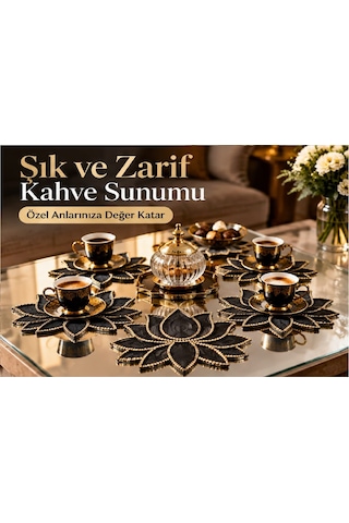 Kahve Sunum Pecetesi El Yapımı İnci Ve Gold Detaylı 15x15 Ölcü 6 Adet Siyah İnci