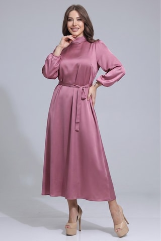 Dorne Moda Kemerli Dik Yaka Uzun Kollu Midi Boy Saten Elbise - Düğün - Mezuniyet - Ofis Şıklığı Pembe Pembe