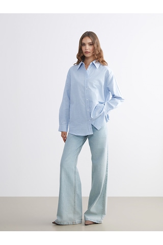 Lcw Modest Mavi Çizgili Oversize Kadın Gömlek Tunik Xl-2xl