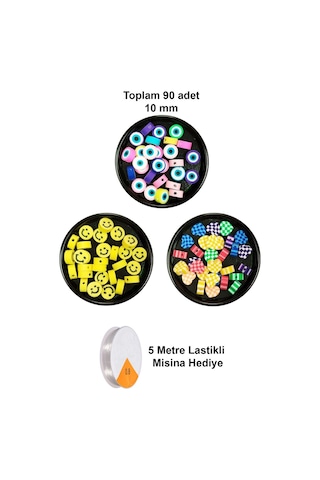 90 Adet 10 Mm Polimer Kil Fimo Boncuk Takı Bileklik + 5 Metre Misina - Smile - Kalp - Nazar