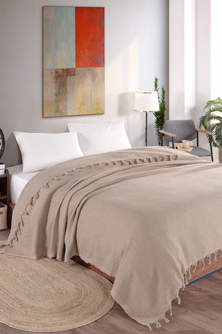 Assos 220x220cm Çift Kişilik Saçaklı Yatak Örtüsü Çeyizlik He Bej