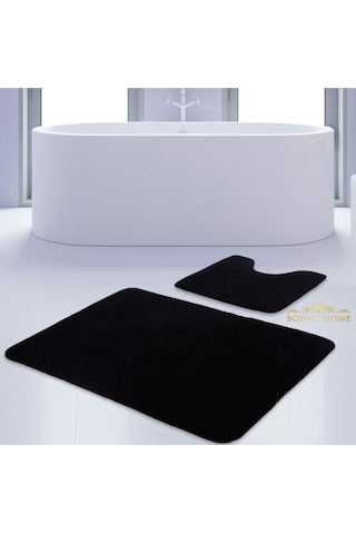 Bonny Home Unicolor Düz Siyah 2li Banyo Paspası Halısı Seti Kaymaz Siyah