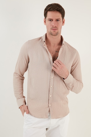 Buratti Pamuklu Çizgili Düğmeli Yaka Uzun Kollu Regular Fit Erkek Gömlek Cf23S112237 Taş