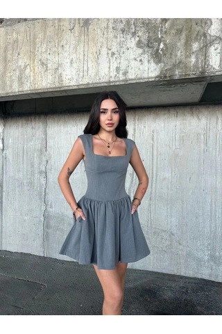 Alfanora Kolsuz Mini Elbise- Gri