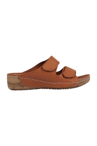 Napa Shoes Ayarlanabilir Çift Bantlı Hakiki Deri Ortopedik Rahat Taban Kadın Terlik Napa-232 Taba