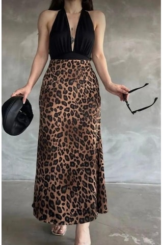 Green'dal Leopar Desenli Maxi Etek İç Göstermez Ve Şık Kahve Leopar