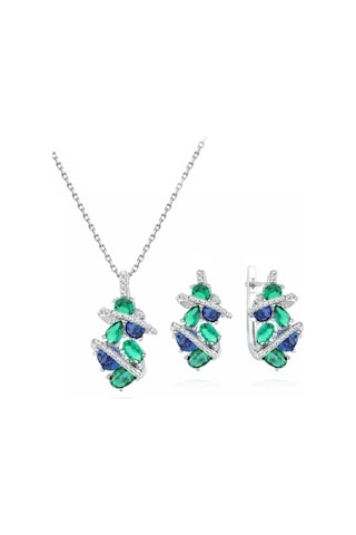 Brezza Lusso Jewelry Zümrüt Oval Taşlı Luxury Kadın Gümüş Kolye Küpe Set