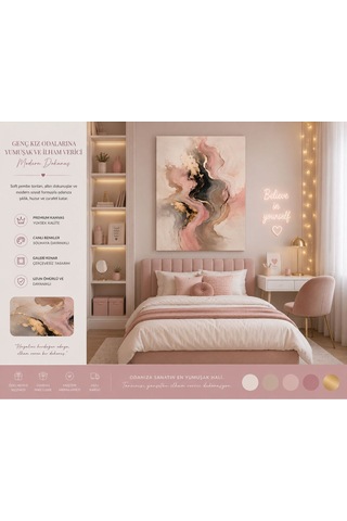 Premium Soft Pembe & Altın Dokulu Soyut Kanvas Tablo Modern Lüks Duvar Dekoru Genç Kız Odası, Yatak Odası, Salon Ve Çalışma Odası Dekorasyonu