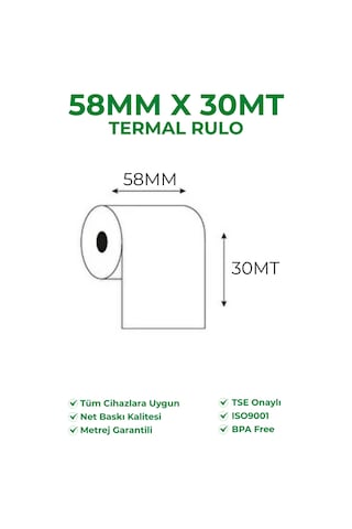 58x30 Termal Rulo Yazarkasa Pos Rulosu 1 Paket 10 Adet Tse Belgeli Bpa Free