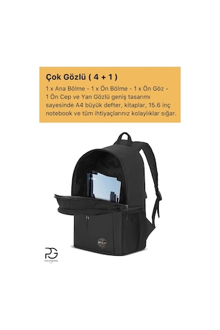 Pologrand London Orijinal Unisex Geniş Hacimli Çok Gözlü Su Geçirmez Lise Ortaokul İlkokul İçin Büyük Okul Çantası Siyah