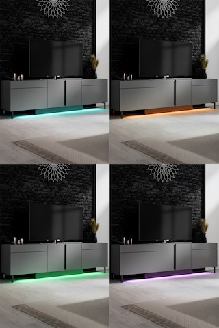 Paris Siyah Demir Ayaklı Rgb Led Işık Sistemli Antrasit Tv Ünitesi Tv Sehpası Antrasit - Siyah